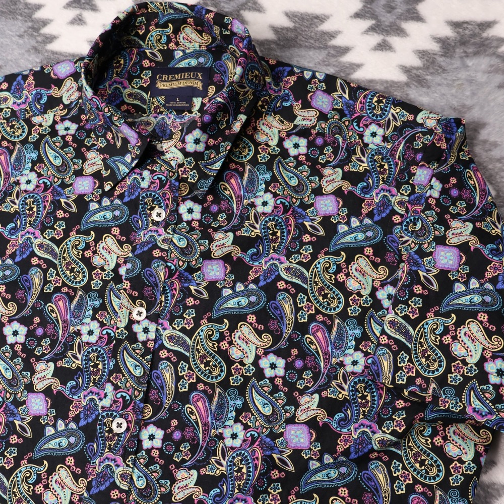 Cremieux Premium Denim Mens Large Paisley Floral Short Sleeve Button Down Shirt